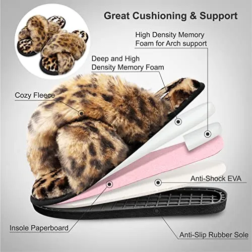 JIASUQI Women's Cross Band Fuzzy House Slippers Soft Plush Furry Faux Fur House Indoor Outdoor Slippers for Women Leopard 8-9 Chanel Slides