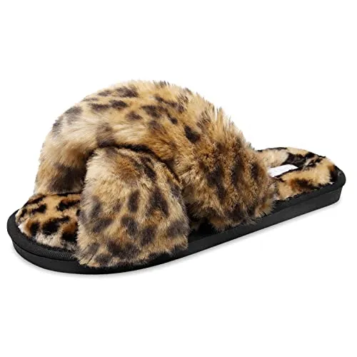 JIASUQI Women's Cross Band Fuzzy House Slippers Soft Plush Furry Faux Fur House Indoor Outdoor Slippers for Women Leopard 8-9 Therapeutic Massage Slippers