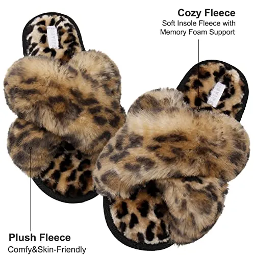 Slippers Fur JIASUQI Women's Cross Band Fuzzy House Slippers Soft Plush Furry Faux Fur House Indoor Outdoor Slippers for Women Leopard 8-9