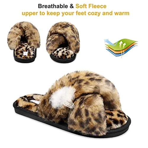 JIASUQI Women's Cross Band Fuzzy House Slippers Soft Plush Furry Faux Fur House Indoor Outdoor Slippers for Women Leopard 8-9 Slipers Sale