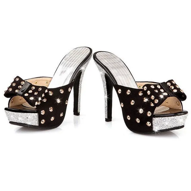 Women Thin High Heel Sandals Brand Fashion Lady Dress Leopard Sexy Platform Party Shoes Slippers Female Flip Flops PB00043 Gold Jeweled Flip Flops