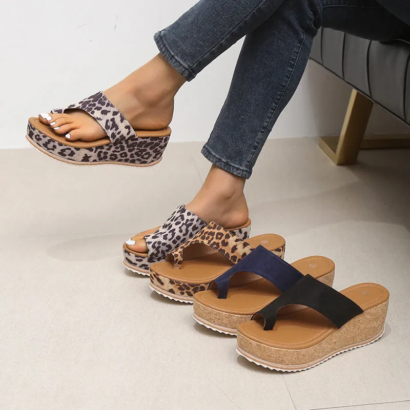 Fashion Leopard Print Wedge Slippers For Women New Thick-sole High Heel Flip Flops Shoes Summer Outdoor Slippers Pr Soles Flip Flops