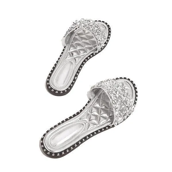 Kimemoda Casual Slides Beaded Flat Sandals Light Color Ugg Slippers