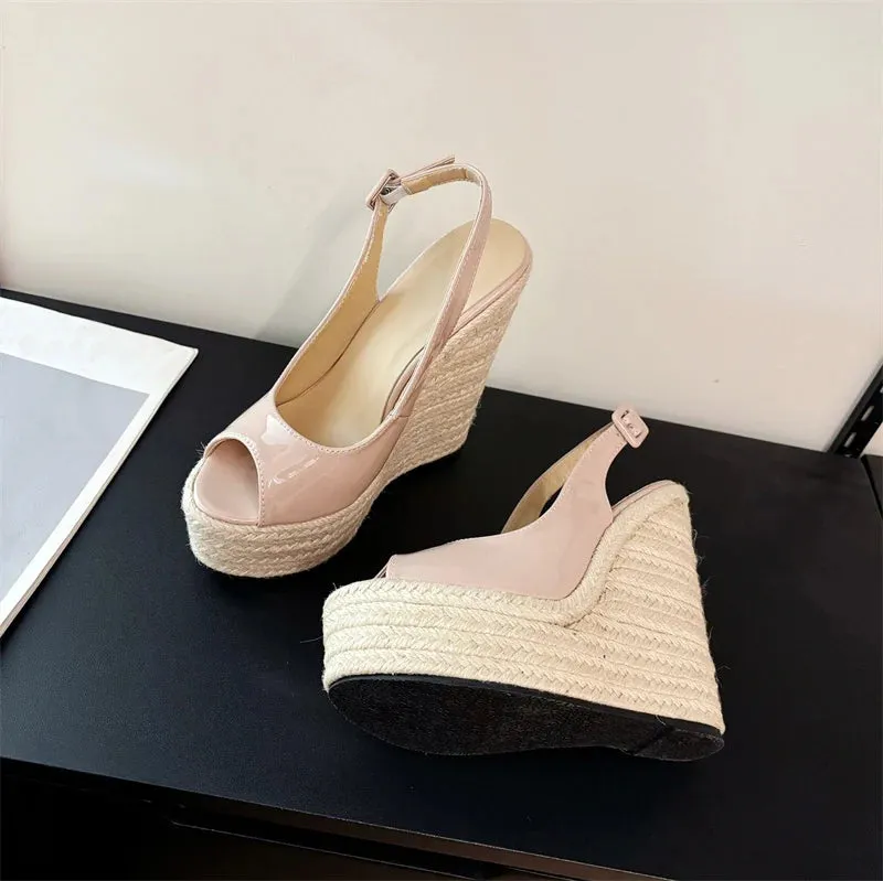 Keen Whisper Sandals Liyke Sommer Mode Peep Toe Keile Sandalen Frauen Handgemachte Stroh Seil Weben Dicken Boden Plattform High Heels Damen Schuhe Pumpen