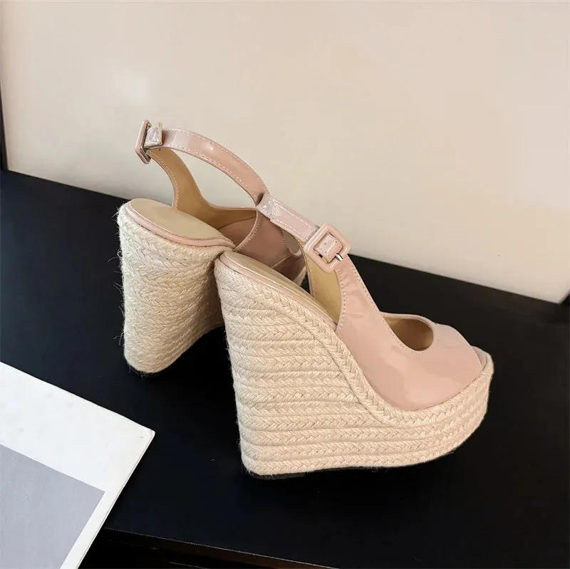 Leather Sandals Flat Liyke Sommer Mode Peep Toe Keile Sandalen Frauen Handgemachte Stroh Seil Weben Dicken Boden Plattform High Heels Damen Schuhe Pumpen