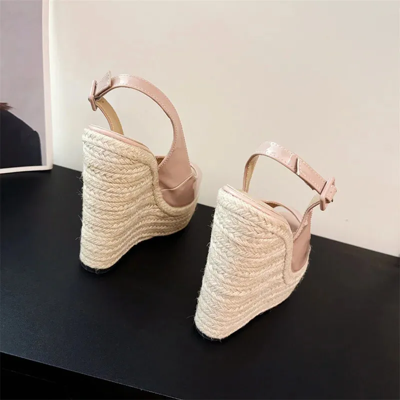 Footbed Sandals Liyke Sommer Mode Peep Toe Keile Sandalen Frauen Handgemachte Stroh Seil Weben Dicken Boden Plattform High Heels Damen Schuhe Pumpen