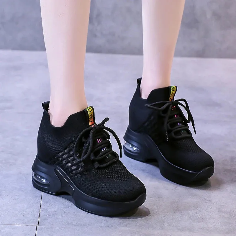Army Sneakers Breathable Mesh Sneakers Summer 9CM Hollow Out Sport White Shoes Woman Wedge Casual Chunky Shoes High Platform Dad Shoe Mujer