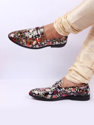 Men Black Floral Print Horsebit Buckle Weekend Wedding Evening Party Shoes Loafers Woven Leather Loafers