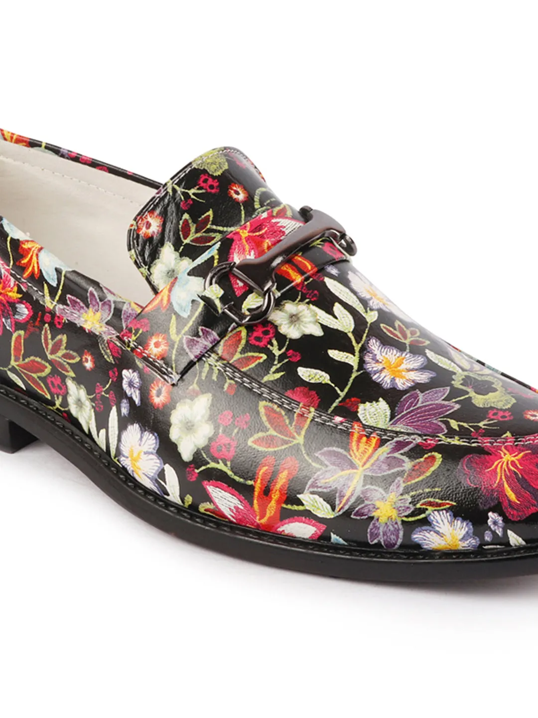 Men Black Floral Print Horsebit Buckle Weekend Wedding Evening Party Shoes Loafers Gh Loafers