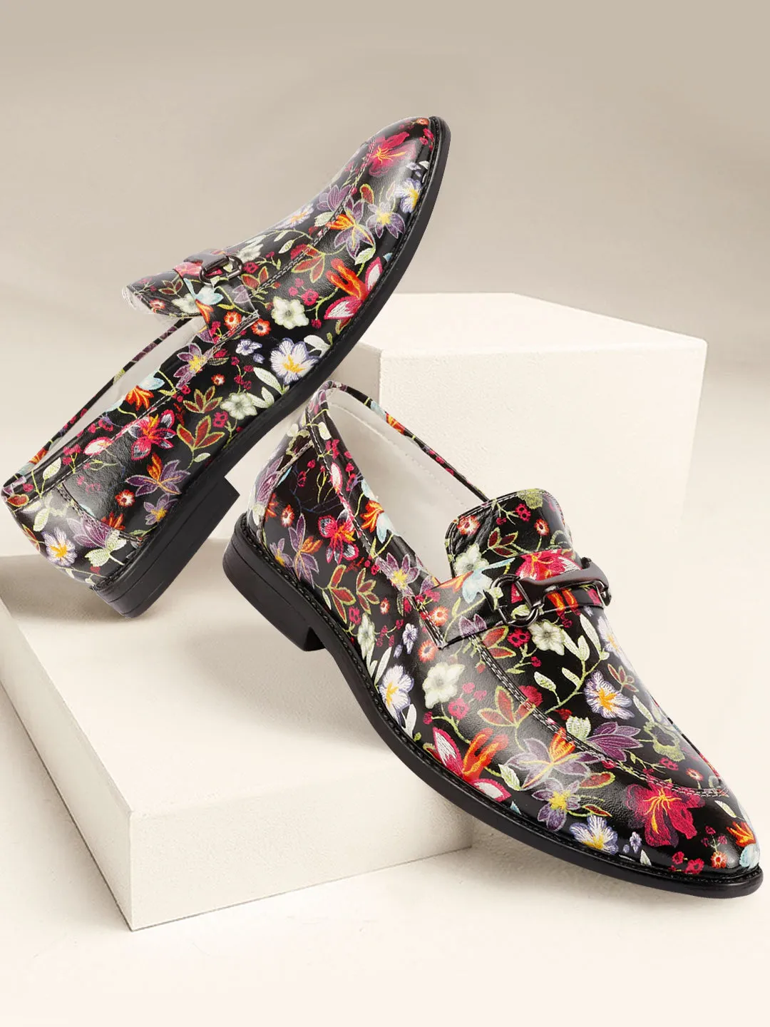 Sand Loafers Men Black Floral Print Horsebit Buckle Weekend Wedding Evening Party Shoes Loafers