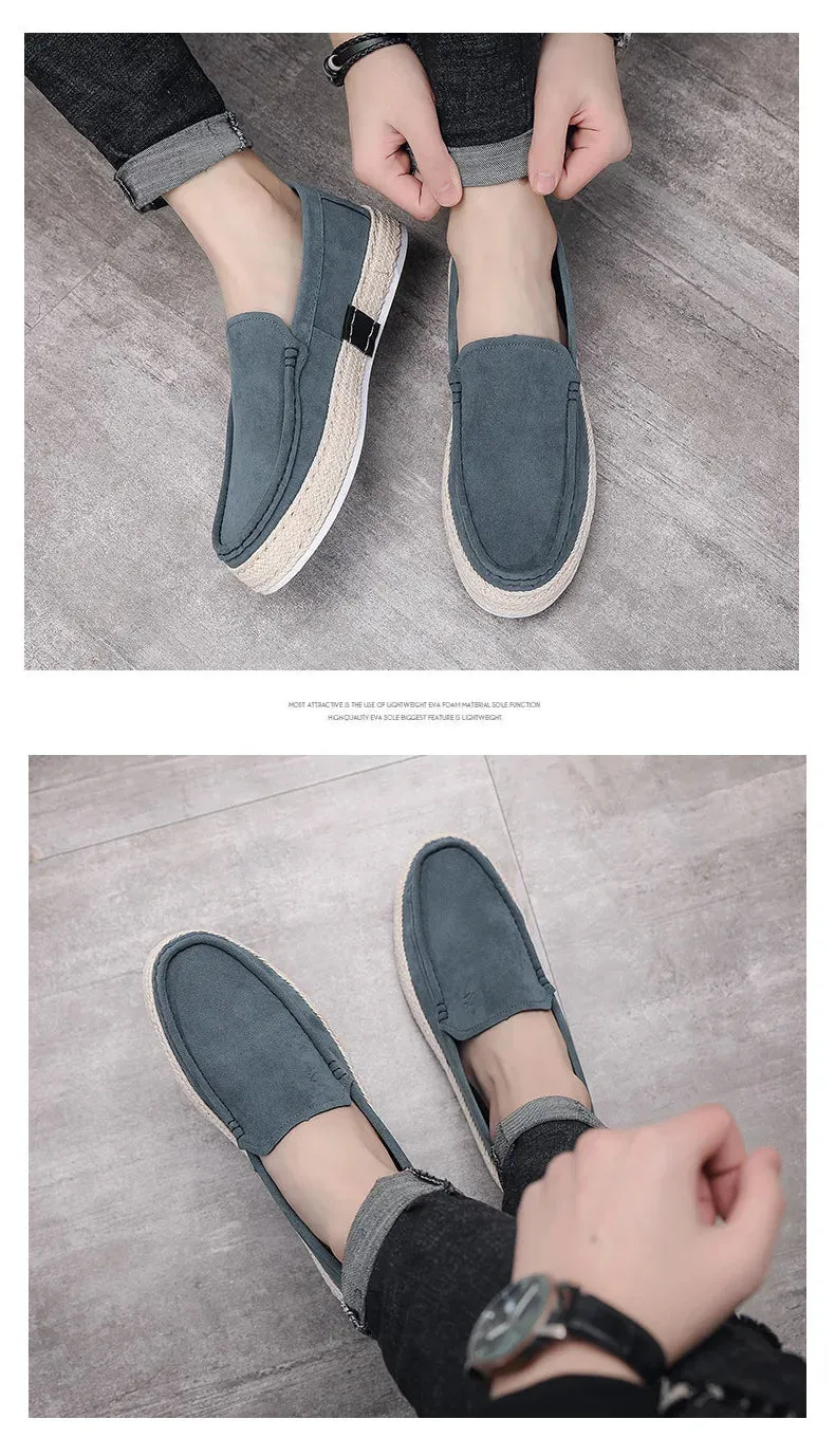 Men Loafers Shoes Summer Shoes Man New Fashion Canvas Footwear Soft Flat Comfy Flock Suede Leather Men Casual Vulcanized Shoe Hill Flat Shoes