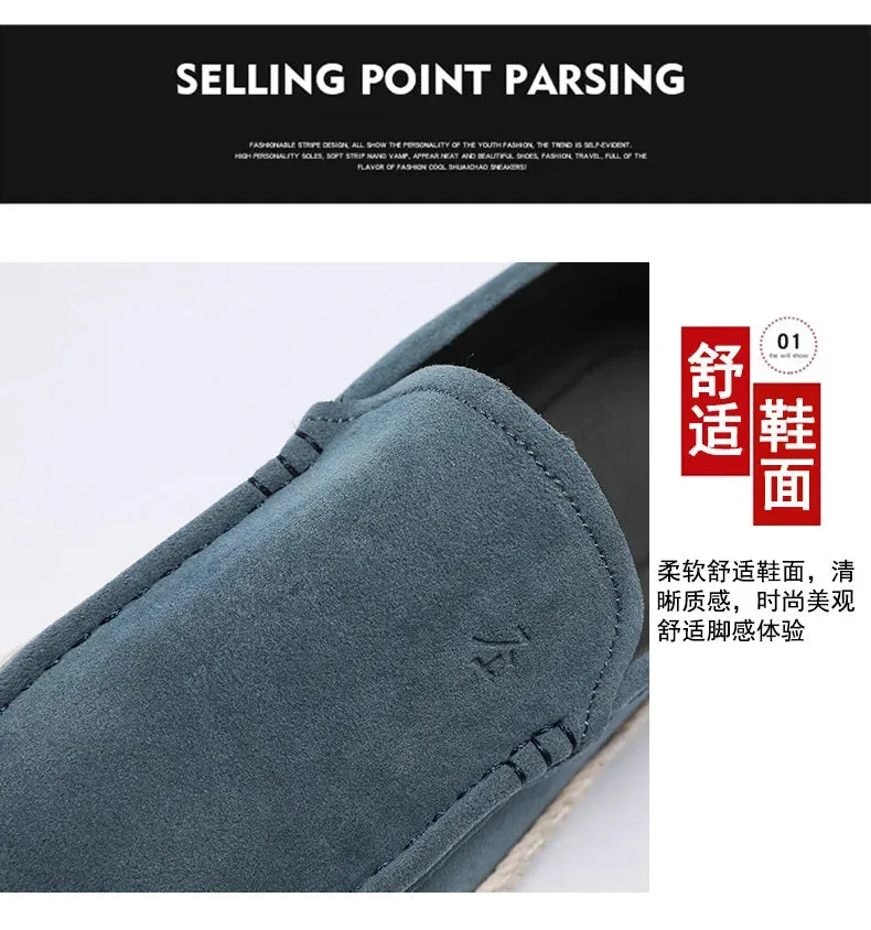 Men Loafers Shoes Summer Shoes Man New Fashion Canvas Footwear Soft Flat Comfy Flock Suede Leather Men Casual Vulcanized Shoe Flat Shoes For Wide Leg Pants