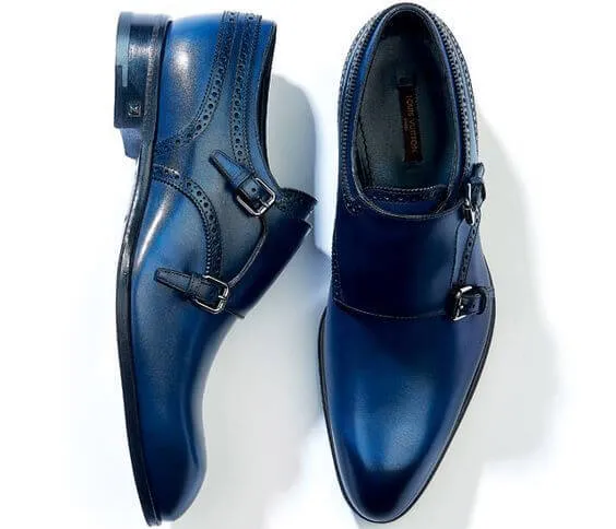 Loafers Block Men's Blue Color Monk Double Buckle Strap Plain Rounded Toe Genuine Leather Shoes