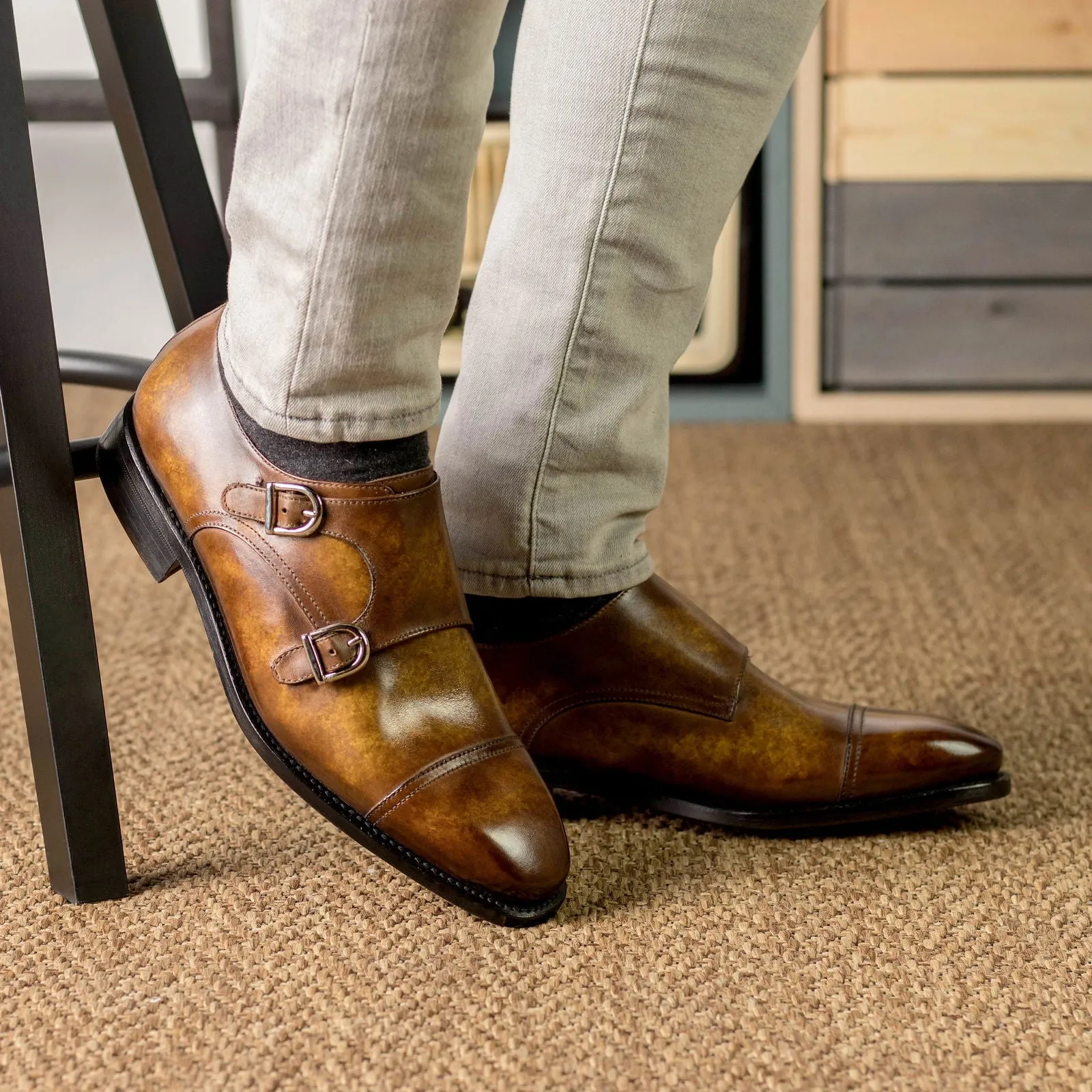 Men's Double Monk Shoes Patina Leather Goodyear Welt Wide Plus Size Brown 5590 Best Casual Work Boots