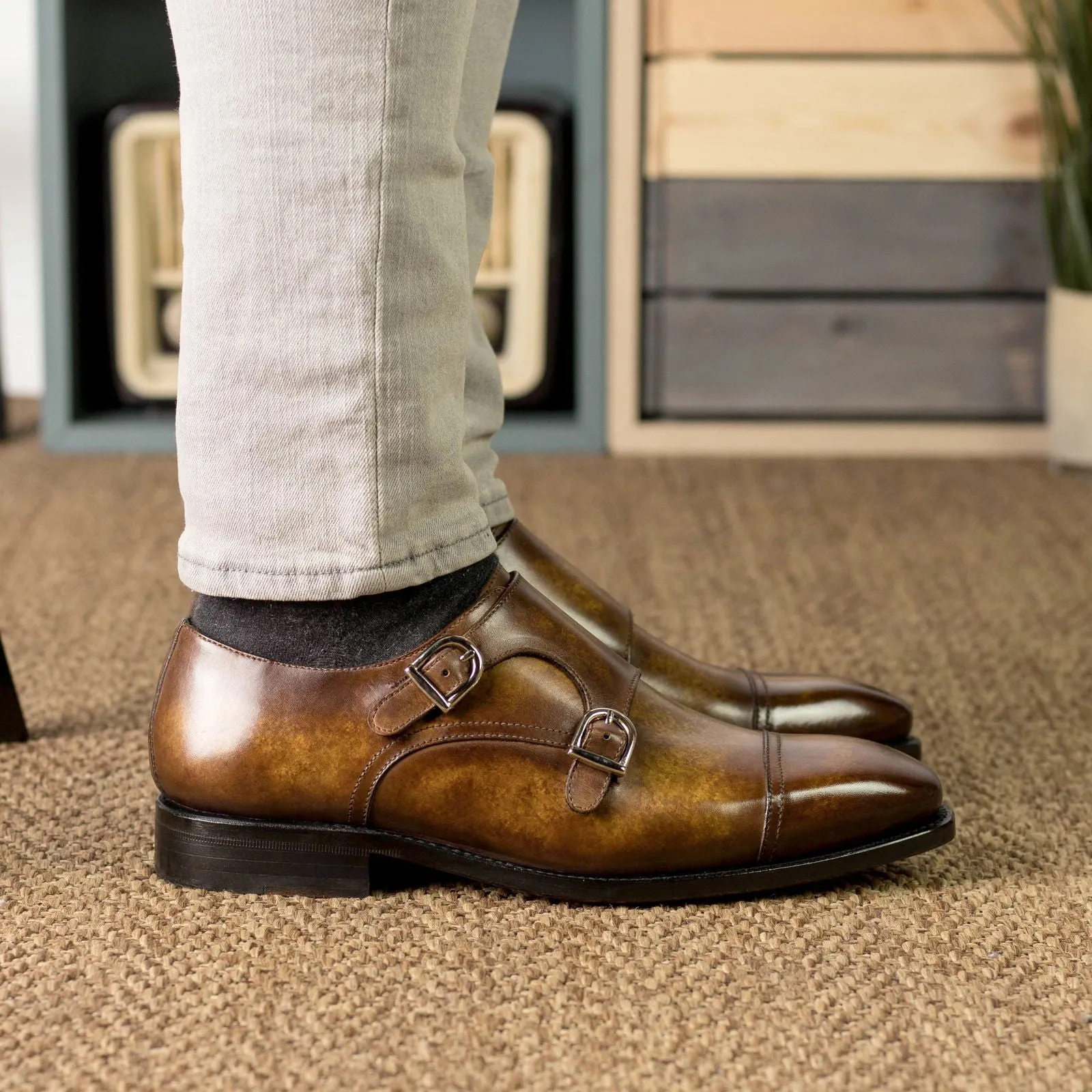 Men's Double Monk Shoes Patina Leather Goodyear Welt Wide Plus Size Brown 5590 Working Boot