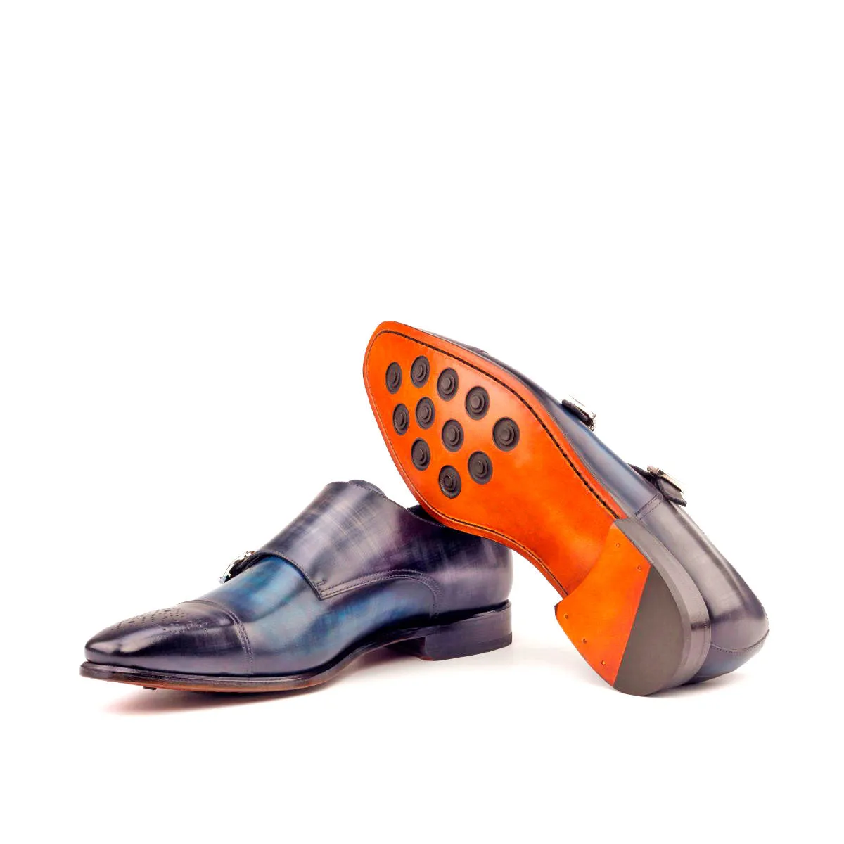 Best Work Boots Without Laces Men's Double Monk Shoes Patina Leather Wide Plus Size Blue Grey 2653