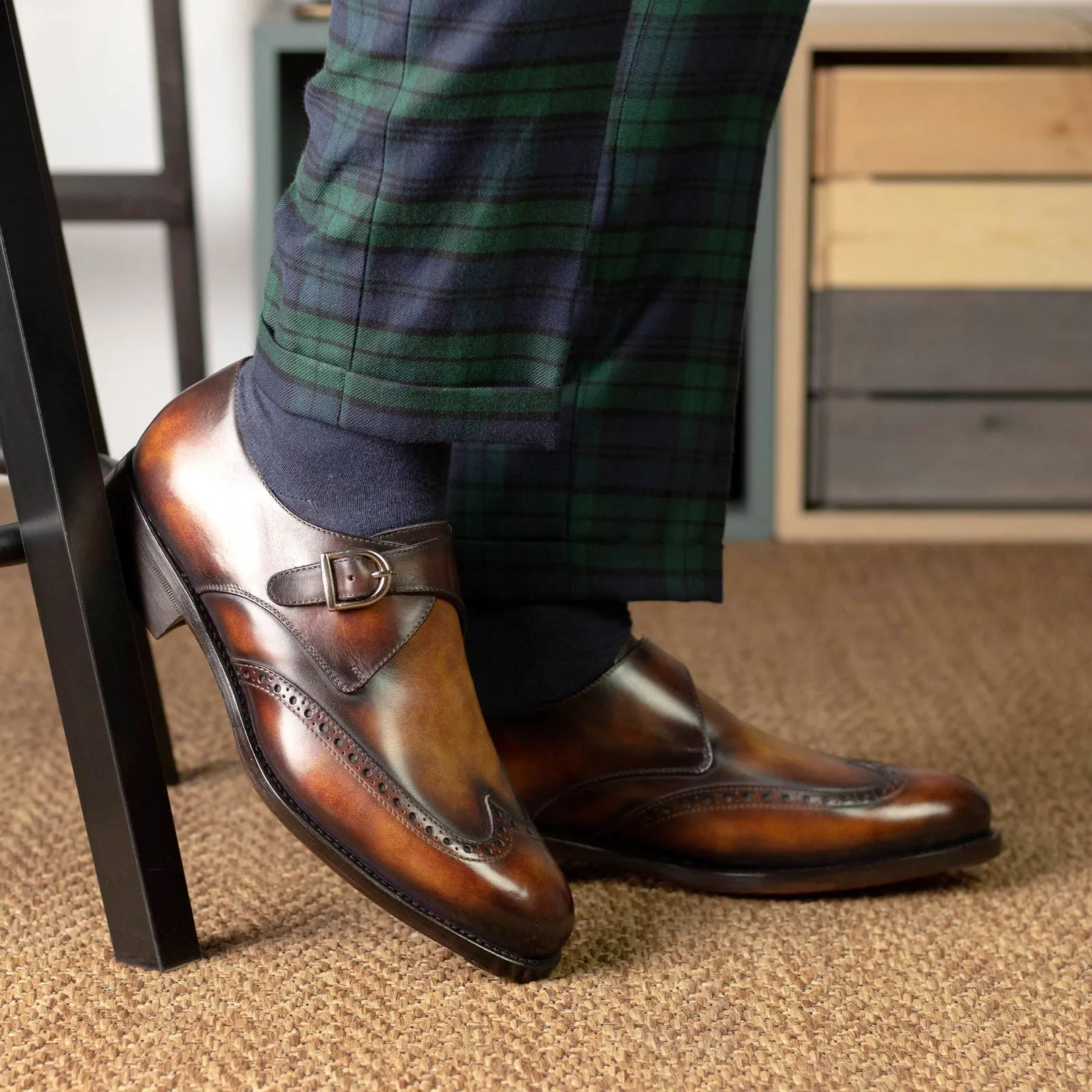Men's Single Monk Shoes Patina Leather Goodyear Welt Wide Plus Size Burgundy 5573 6 Inch Or 8 Inch Work Boots