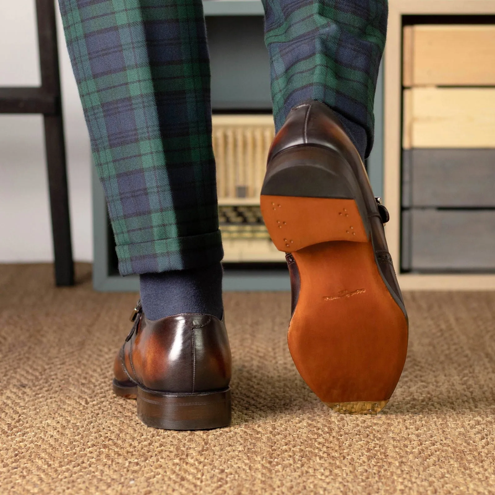 Men's Single Monk Shoes Patina Leather Goodyear Welt Wide Plus Size Burgundy 5573 Breathable Work Boots