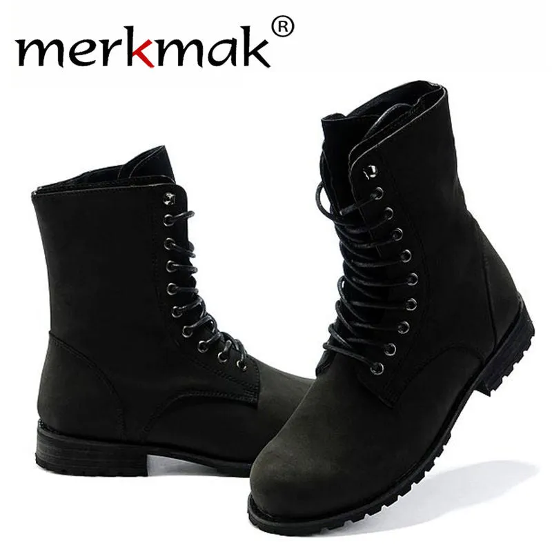 Merkmak Men Ankle Martin Boots High Quality Fashion PU leather High Top Motorcycle Boots Spring Winter Men Boots Shoes Wholesale Best Breathable Work Boots
