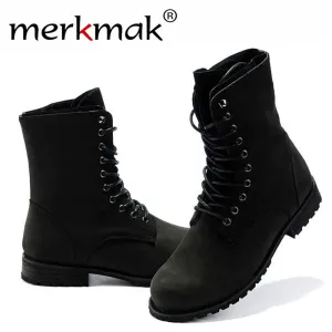 Merkmak Men Ankle Martin Boots High Quality Fashion PU leather High Top Motorcycle Boots Spring Winter Men Boots Shoes Wholesale Lacing Up Work Boots