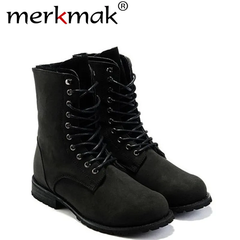 Best Work Boots No Laces Merkmak Men Ankle Martin Boots High Quality Fashion PU leather High Top Motorcycle Boots Spring Winter Men Boots Shoes Wholesale