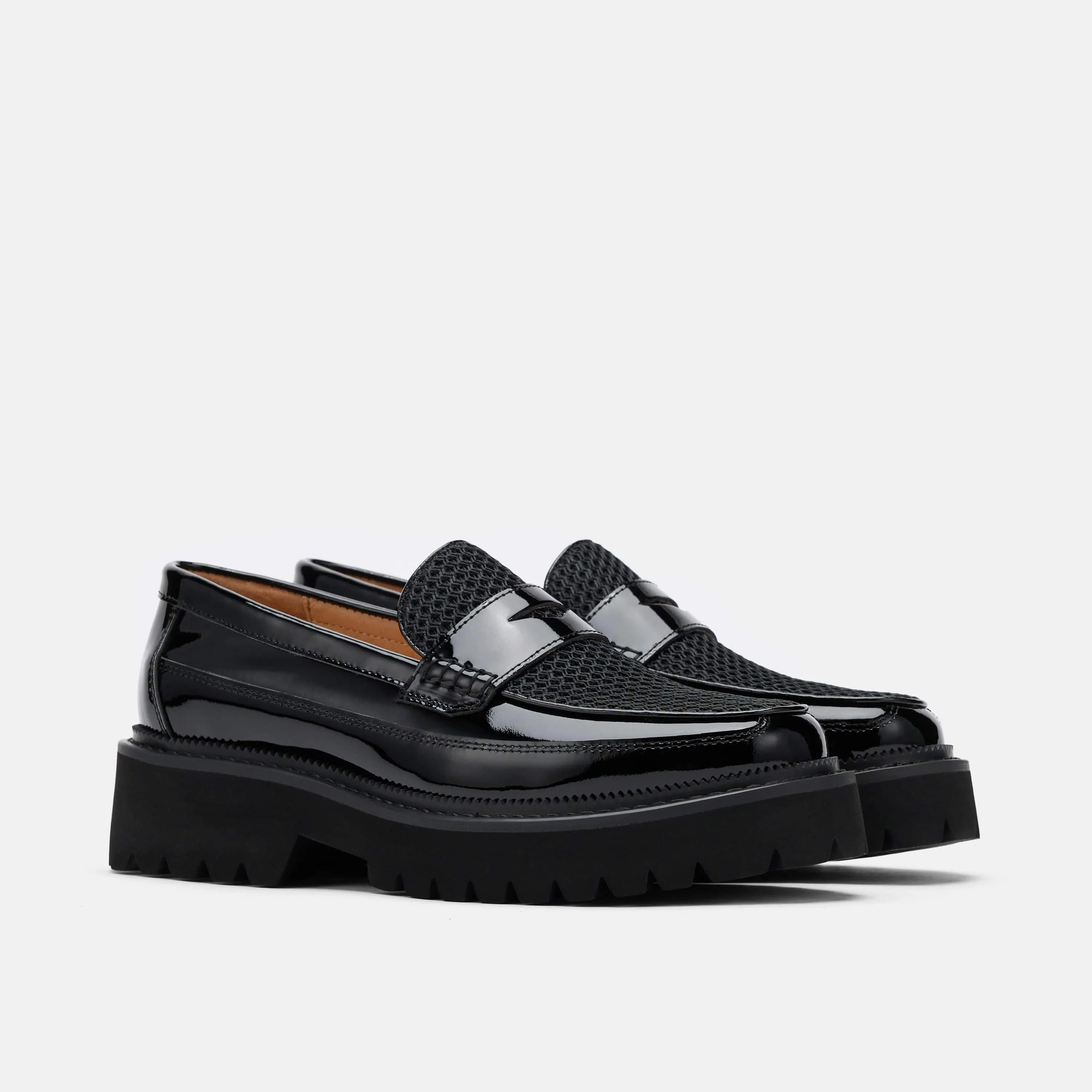 Ms. Adler Black Patent Leather Lug Penny Loafers Loafers And Joggers