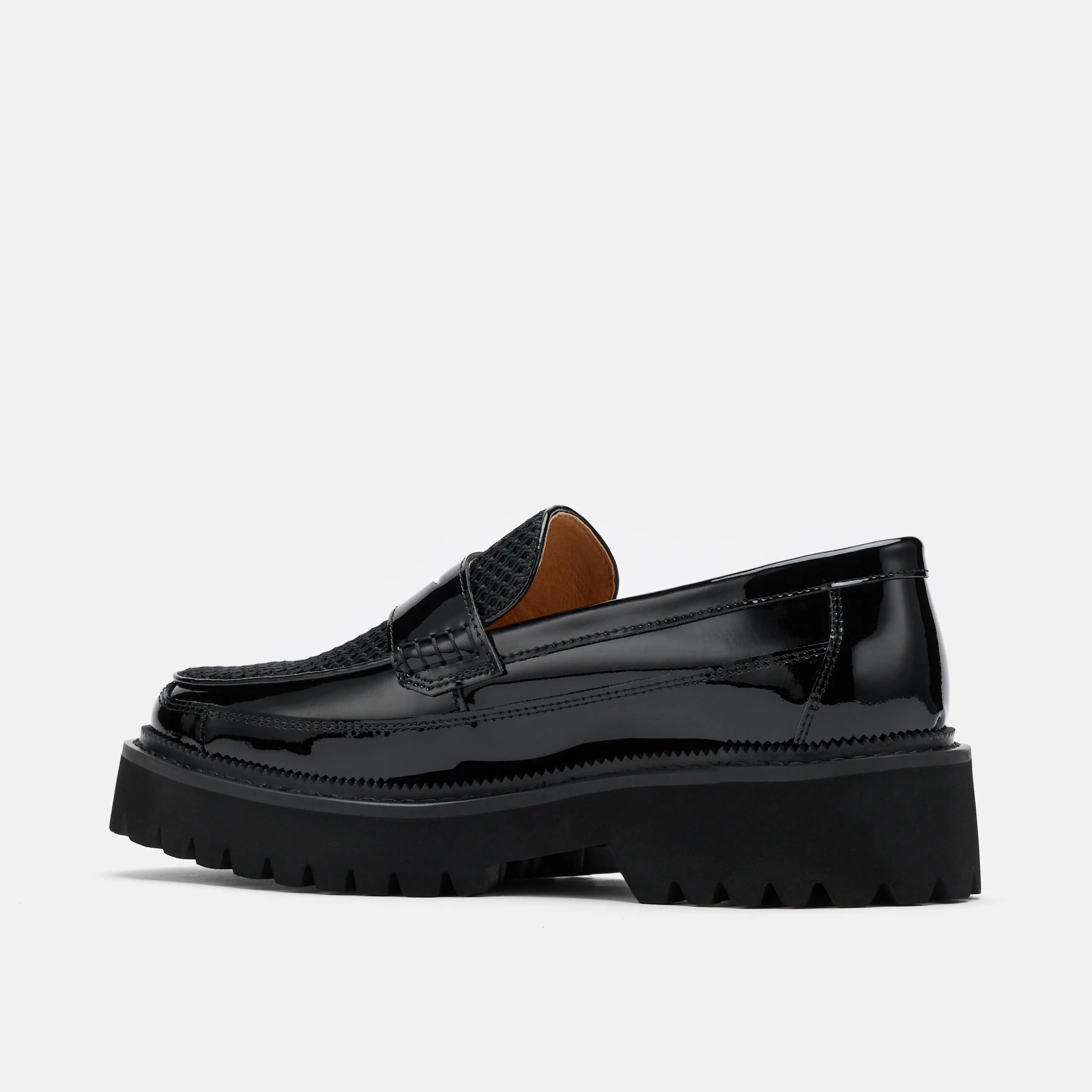 Back Open Loafers Ms. Adler Black Patent Leather Lug Penny Loafers