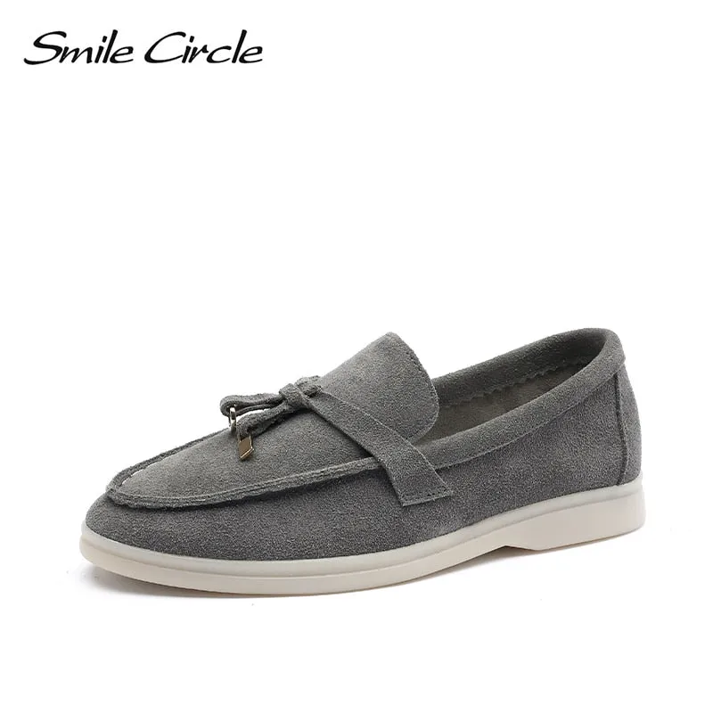 Original Smile Circle/cow-suede loafers Women Slip-On flats shoes Genuine Leather Ballets Flats Shoes for women Moccasins big size 36-42 Castellano Loafers