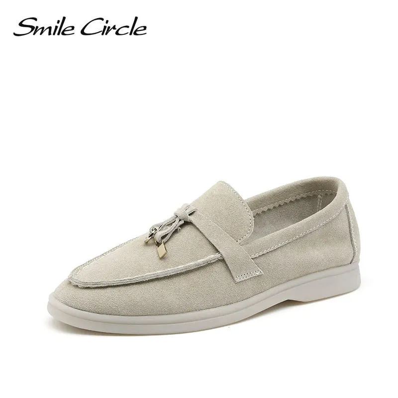Original Smile Circle/cow-suede loafers Women Slip-On flats shoes Genuine Leather Ballets Flats Shoes for women Moccasins big size 36-42 Crocodile Leather Loafers