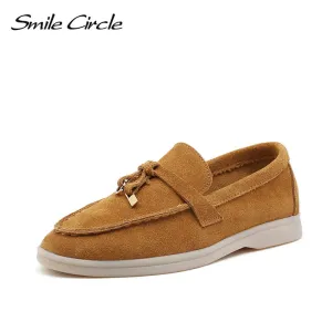 Original Smile Circle/cow-suede loafers Women Slip-On flats shoes Genuine Leather Ballets Flats Shoes for women Moccasins big size 36-42 Zara Loafers With Tassels