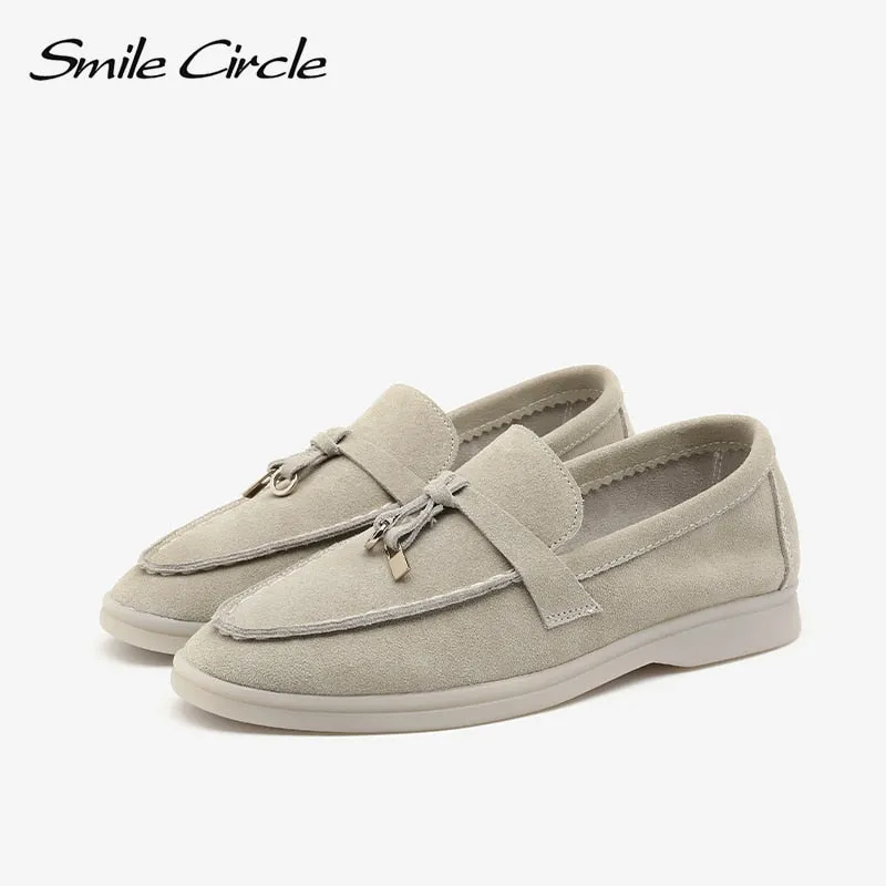 Original Smile Circle/cow-suede loafers Women Slip-On flats shoes Genuine Leather Ballets Flats Shoes for women Moccasins big size 36-42 Loafers Shiny