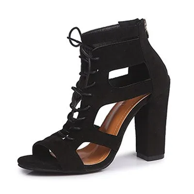 Spring Women Pumps Black Suede Fabric Cross Strap Platform High Thick Heel Hollow Sandals Ladies Shoes Wedding Lace Up Open Toe Beeks Sandals
