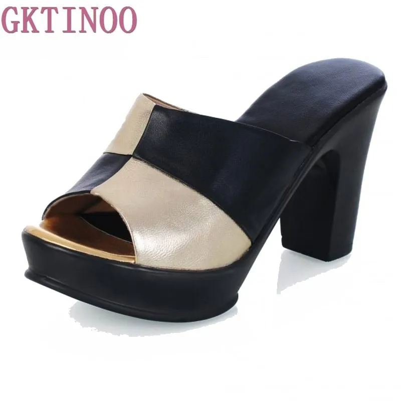 Original New 2022 cowhide women genuine leather sandals platform slippers summer shoes women's high heels flip flops pumps woman Women In Flip Flops
