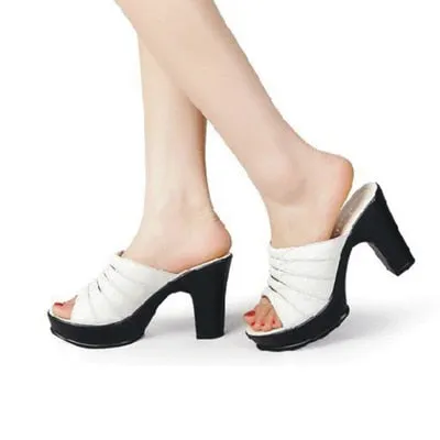 Original New 2022 cowhide women genuine leather sandals platform slippers summer shoes women's high heels flip flops pumps woman Flip Flops Natural Material