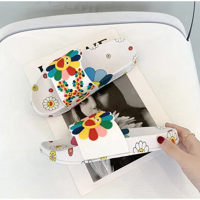 Ginger Flip Flops Women Summer Slippers Cute flower Flat Flip Flops Ladies Soft Slides Shoes Female Print Floral Bling Beach Casual Sandals