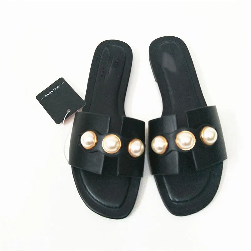 Amozae Fashion Flat Slippers Party  shoes Fulgurant Pearl Sandals thin Belt Roman Flat Women Flip Flops Casual Beach Raf Simons Flip Flops
