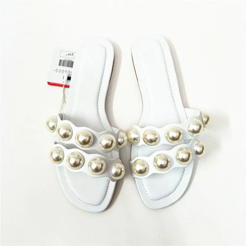 O Rageous Flip Flops Amozae Fashion Flat Slippers Party  shoes Fulgurant Pearl Sandals thin Belt Roman Flat Women Flip Flops Casual Beach