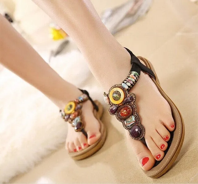 Size 36-42 2016 Bohemian Women Sandals Gemstone Beaded Slippers Summer Beach Sandals Women Flip Flops Ladies Flat Sandals Shoes Wedding Flip Flops