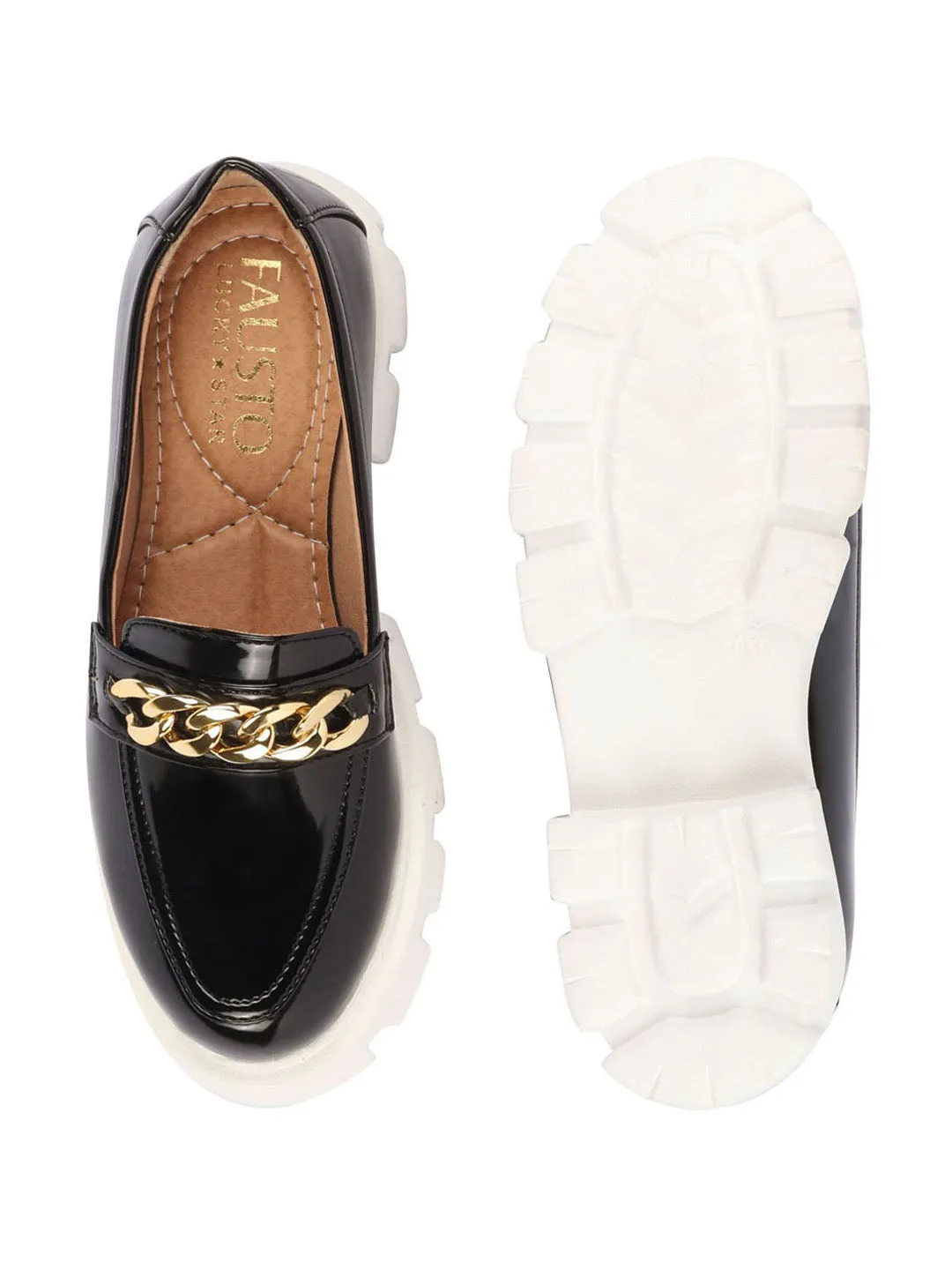 Women Black Patent Leather Shiny Chain Buckle Classic Casual Slip On Loafer Shoes Wedge Penny Loafers