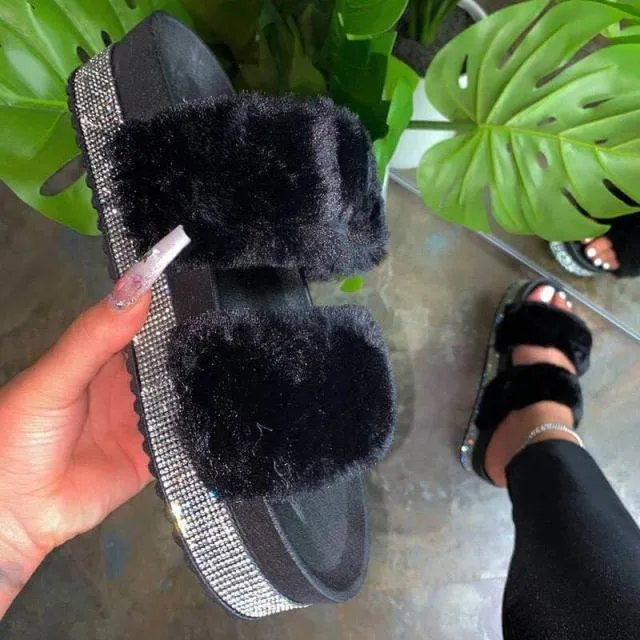 Wedge Heel Gladiator Sandals Slippers Rhinestone Wedges Fluffy Soft Furry Slides Outdoor Beach Luxury Sexy Shoes
