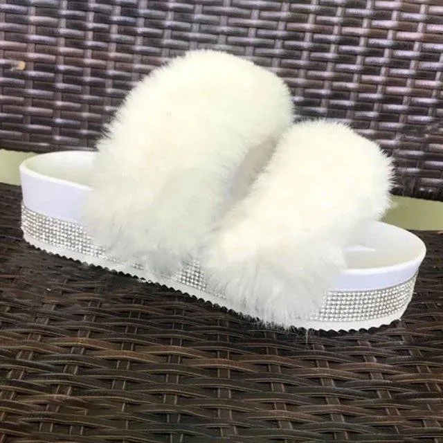 Slippers Rhinestone Wedges Fluffy Soft Furry Slides Outdoor Beach Luxury Sexy Shoes Bella Hadid Sandals Gigi Bday