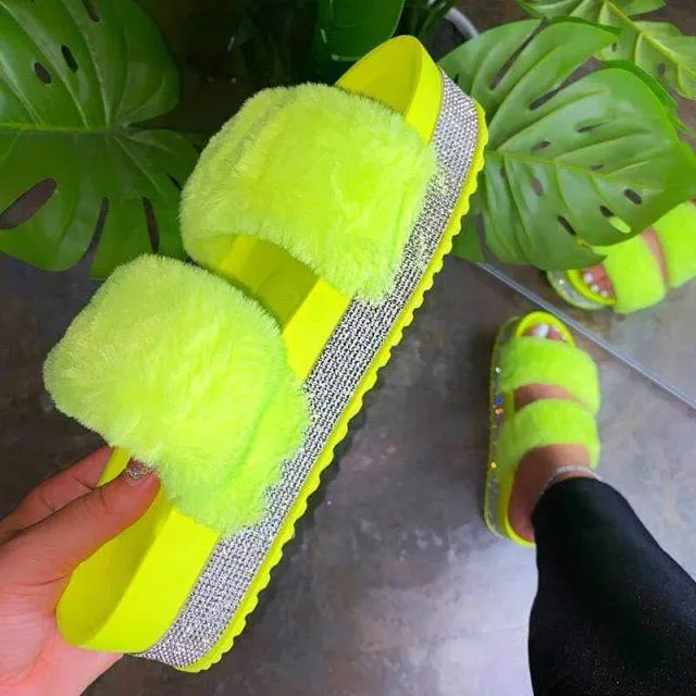 Slippers Rhinestone Wedges Fluffy Soft Furry Slides Outdoor Beach Luxury Sexy Shoes Nice Sandals