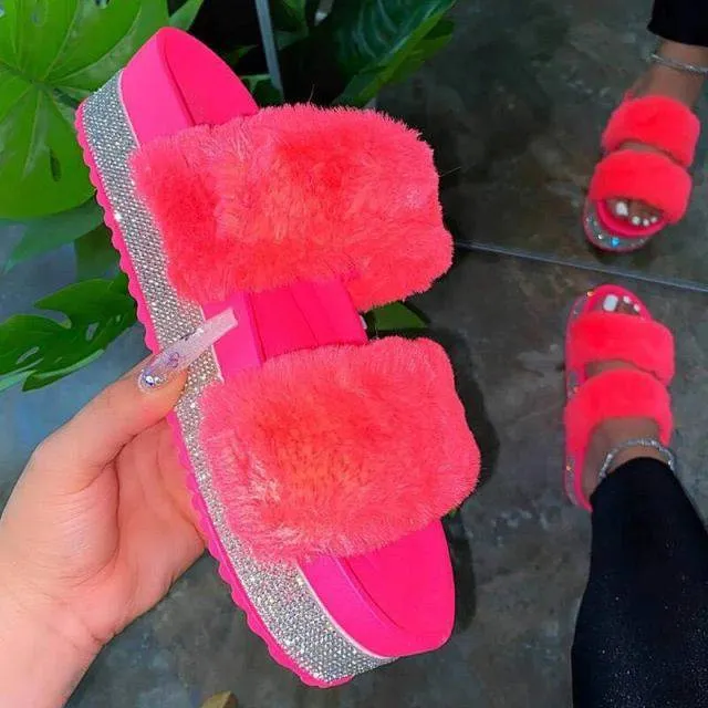 Sarto Flat Sandals Slippers Rhinestone Wedges Fluffy Soft Furry Slides Outdoor Beach Luxury Sexy Shoes
