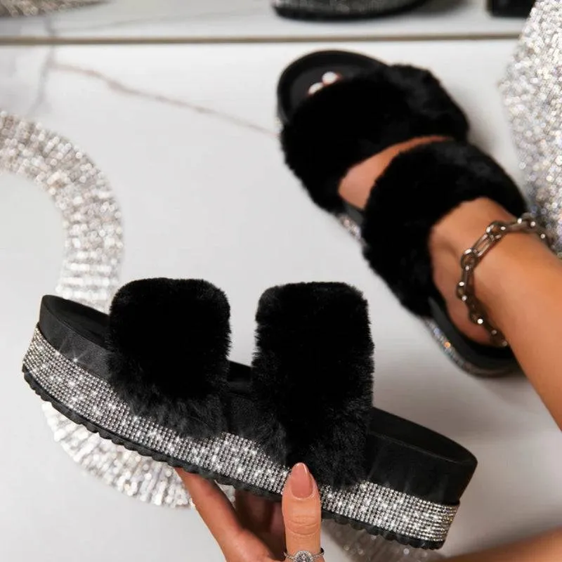 Slippers Rhinestone Wedges Fluffy Soft Furry Slides Outdoor Beach Luxury Sexy Shoes Mexican Sandals