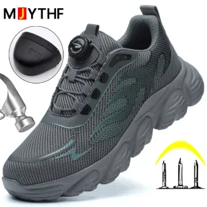 Reflective Safety Shoes Men Fashion Protective Sneakers Steel Toe Shoes Rotating Button Work Boots Men Puncture-Proof Male Shoes Best Work Boots For Foot Pain