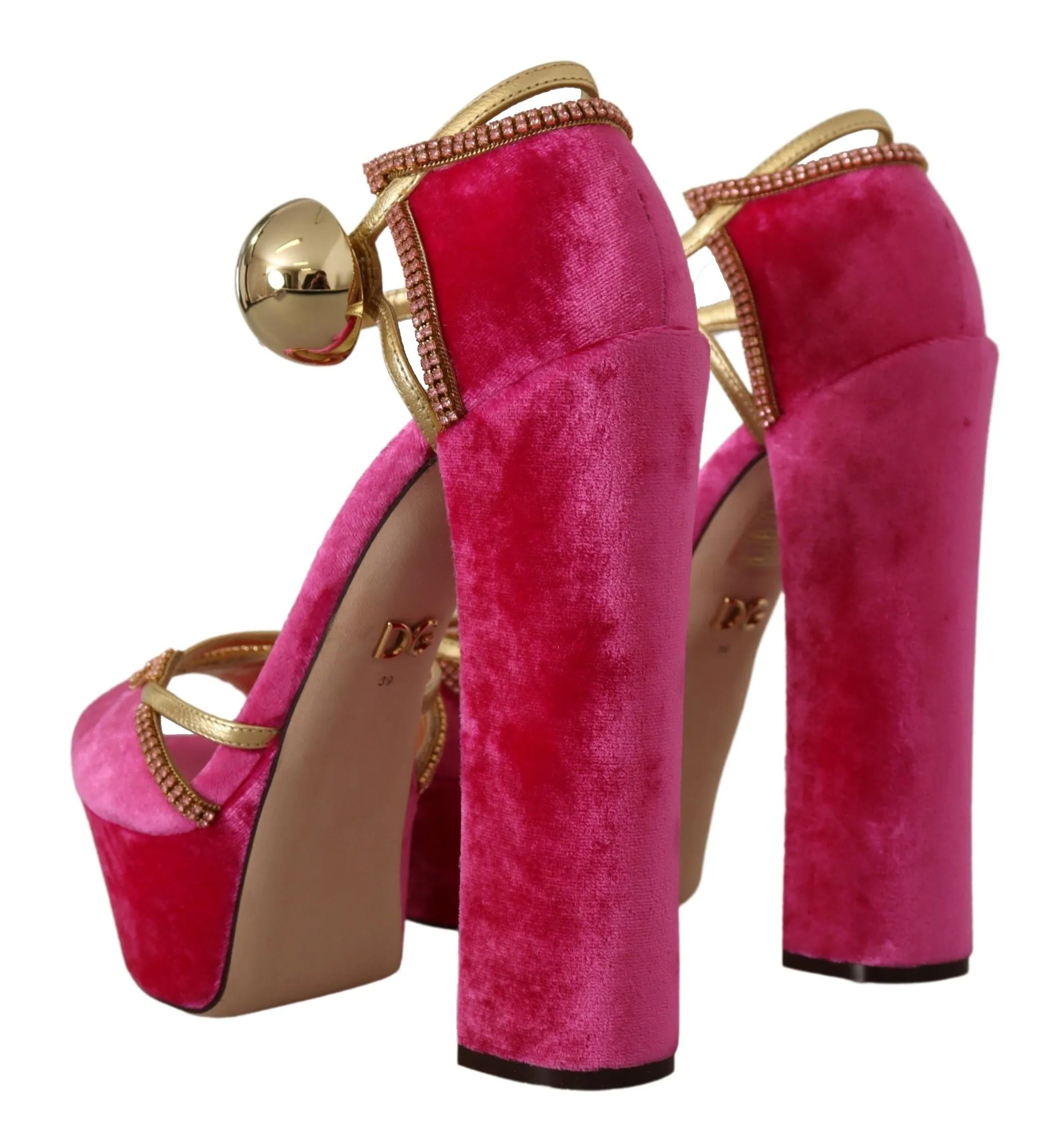 Dolce & Gabbana Pink Velvet Crystal Ankle Strap Sandals Shoes Leather Flat Sandals