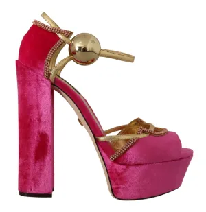 Color Sandals Dolce & Gabbana Pink Velvet Crystal Ankle Strap Sandals Shoes