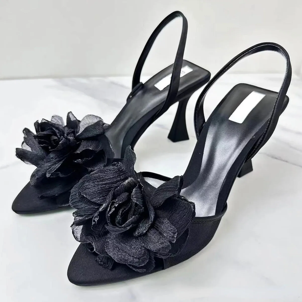 Amozae-Flowers Slingback High Heels Women Pointed Fine Heel Sandals Women Open-toe Black Mesh Floral Party Dress Slippers Women Pumps Sezane Sandals