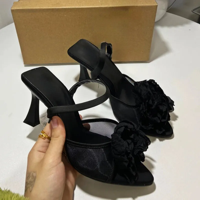 Hunter Sandals Amozae-Flowers Slingback High Heels Women Pointed Fine Heel Sandals Women Open-toe Black Mesh Floral Party Dress Slippers Women Pumps