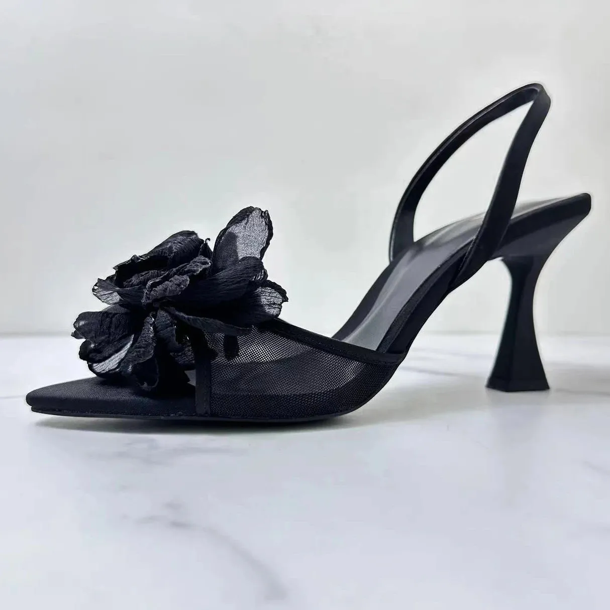 Amozae-Flowers Slingback High Heels Women Pointed Fine Heel Sandals Women Open-toe Black Mesh Floral Party Dress Slippers Women Pumps Sandals St Lucia